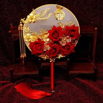 Vintage čínske Svadobné Dekoratívne Fanúšikov Pre nevestu Zlaté Červená Bridesmaid, Ručné ručné ventilátor Dragon Phoenix Kvet Palác oblečenie Ventilátor