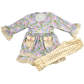 Zimné baby girl boutique oblečenie set sa kvetinový dlhý rukáv tunika s vreckami zápas polka dot nohavice