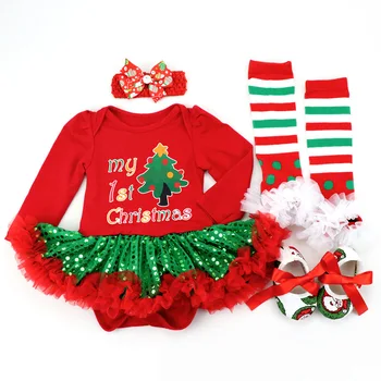 Moje Prvé Vianoce List Tlač Romper Jumpsuit Dieťa Novorodenca Dievčatá Dlhý Rukáv Oblečenie, Vianočné červené Oblečenie