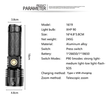 POCKETMAN XHP90.2 LED Baterka USB Nabíjateľná Baterka Nepremokavé Pochodeň Taktická Baterka Silný XHP50 Camping Horák
