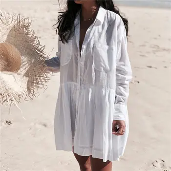 2021 Biela Bavlnená Tunika Plážové Šaty Plus Veľkosti Ženy Letné Plážové Oblečenie S Dlhým Rukávom Zase Dole Golier, Predné Vrecko Mini Šaty N662