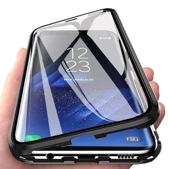 Pre Samsung Galaxy A9 2018 Zabudovaný Magnetický Prípade Sklo Magnet Adsorpcie Telefón Prípade A7 2018 A750 Predný a Zadný Sklenený Kryt