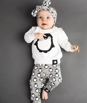 Novorodenca Detské Oblečenie Oblečenie 2020 Módne Dlhý Rukáv Penguin T-tričko+Nohavice+hlavový most 3KS Baby Chlapci, Dievčatá Oblečenie Sady