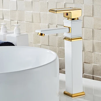 Najnovšie 2019 Moderné Mosadz Biela a Zlatá Kúpeľňa Umývadlo Zmiešavacie Kohútiky Palube Mount Námestie Umývadlo Kohútik W3048