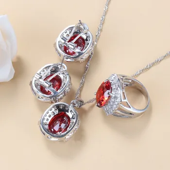 Ženské Šperky Sady Svadobné Svadobné Striebro 925 Kostým Red Topaz Crystal Náhrdelník Aj Prívesok Hoop Náušnice Ženy Prstene Sady