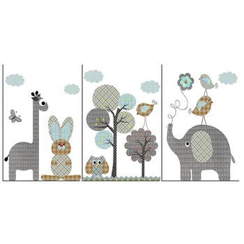 3 Kusy Nordic Plátno, Vytlačí Plagát Roztomilý Zvieratá Múr Umenia Maľby Žirafa, Slon Vtákov Kreslených Obrázkov Detská Izba Decor