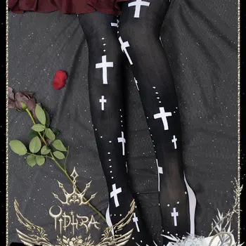 Maria ~ Gothic Lolita Pletené Pančuchy Kríž Vzorované Stehná Vysoké pančuchové Nohavice podľa Yidhra