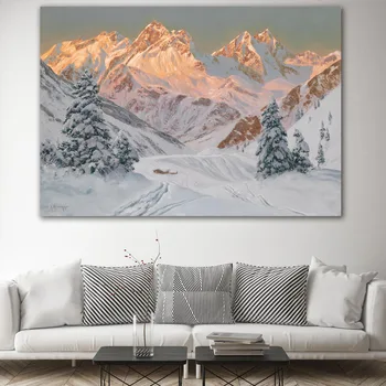 Moderné Retro Maľovanie Snehu Horská Borovica Sunrise Zimná Krajina Plátno, Vytlačí Na Stenu Dekoratívne Obrázky Na Obývacia Izba