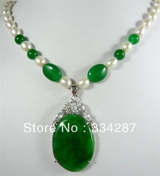 Dizajn Biela 7-8 Skutočné Perly oválne, Veľké Zelené Jades prívesok ženy Šperkov Náhrdelník 18inches