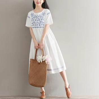 2018 letné módy kvetinové výšivky šaty krátke rukáv ženy bielizeň šaty