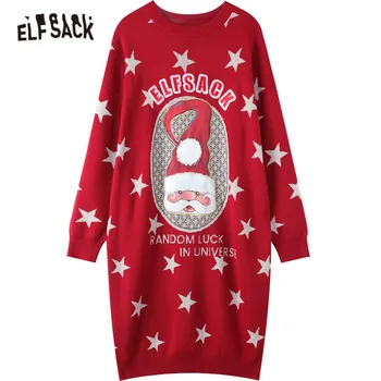 ELFSACK Červená Santa Claus Žakárové Bežné Zrastov Vintage Šaty Žien,2021 Zimné Ročníka, Celý Rukáv Dámske Vianočné Party Šaty