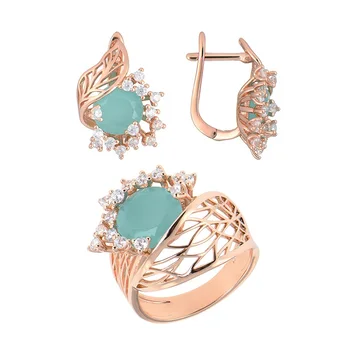 Huadie šperky set s zircons. Dámske náušnice s kameňmi a širokú krúžok s kvetom. Šperky 2021