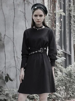 PUNK RAVE Dievča je Gotická Čierna Dlhým rukávom Šaty-line Bežné Začiatku Jesene, Krátke Šaty Žien Streetwear