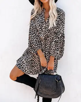 Ženy Leopard Tlač Volánikmi Svietidla Rukáv Šaty 2020 Jeseň Bežné Čipky Pás Ženské Party Mini A-Line Šaty Vestidos