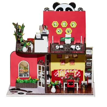 Drevená bábika dom Čínsky Štýl Panda miniatúrne dieťa hračku dom, urob si sám detský nábytok bábika domov kit casa miniatura