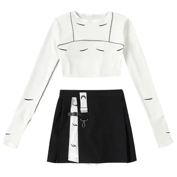 InsGoth Jeseň Ženy Elegantné 2 Ks Súpravy Gotický Bodycon Reflexné Biele Plodín Top Punk Streetwear Vysoký Pás Čierne Mini Sukne