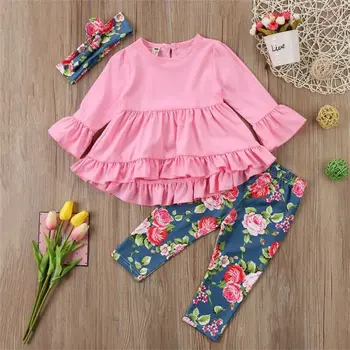 Deti Baby Girl Prehrabať T Shirt Top Šaty + Kvetinový Nohavice + hlavový most 3ks Oblečenia Sady