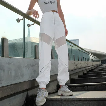 2019 biele transparentné Zips Cargo Nohavice Ženy Voľné jogging nohavice Vysoký Pás Nohavice Módne Femme Streetwear Biele Nohavice