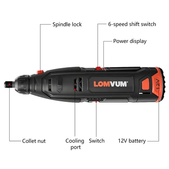 LOMVUM 12v Mini Bezdrôtovej brúska EÚ Plug 6 Rýchlosť Rotačné Nástroje Súprava Vrtákov Rytec Pero na Frézovanie, Leštenie Dreva