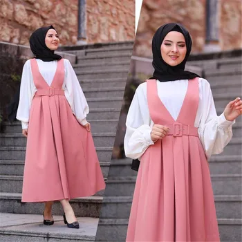Moslimské Vysoký Pás A-line Sukne Ženy Celkovo Dve Ramenný Popruh Podväzkové Sukne Slim Maxi Skladaný Vestidos Islamské Oblečenie