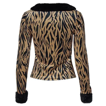 2000s Estetika Tiger Vzor Y2K Topy Vintage Kožušiny Golier Single-Breasted Dlhý Rukáv Outerwears E-Dievča Módne Oblečenie