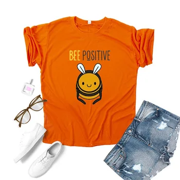 Bee Pozitívne List Print T Shirt Ženy Krátky Rukáv O Krk Voľné Tričko Lete Ženy Tee Tričko Topy Camisetas Mujer