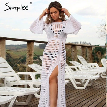 Simplee Sexy biele ženy plážové šaty Letné duté z dlhý rukáv split sundress Elegantné módne dovolenku strany vestidos 2019