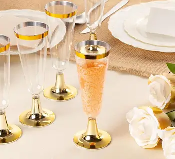 5.5 oz Plastové Zlato Rimmed Šampanské Flauty Jasné, Pevný Jednorazové Party & Svadobné Sklo Premium Ťažkých Ozdobný Pohár