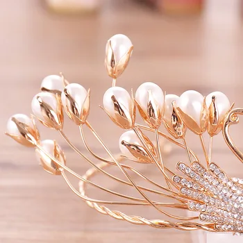 Vintage Zlato Swan Pearl Ručné Ženy Tiara a Koruny, Náušnice Nastaviť Svadobné Svadobné Diadem Headpiece Vlasy, Šperky Príslušenstvo JL