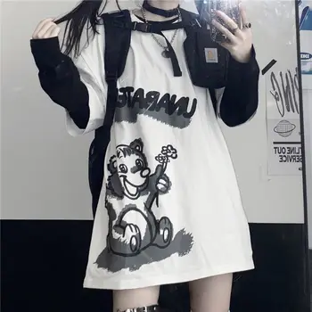 Patchwork Rock Tričko Streerwear Jeseň Japonský T Shirt Medveď Tlač Tees Dievča Hip Hop Topy Príčinné Voľné Punk, T Košele Žena