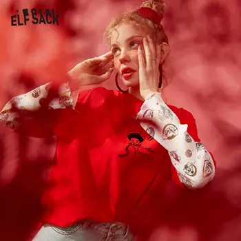 ELFSACK Červené Originálne Grafické Tlače Voľné Bežné Ženy T-Shirt 2020 Jar Nové Čierne Krátke Rukáv kórejský Dámy Základné Denne Topy
