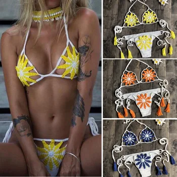 Para Praia 2020 Sexy Pletené Brazílske Bikini Sun Flower plavky Ženy Háčkované Plavky Micro Bikini Duté z Plavky