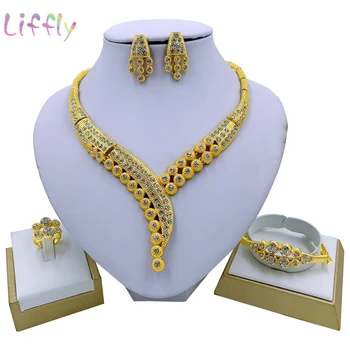 Liffly Dubaj Kúzlo Ženy Zlatý Náhrdelník Náramok, Náušnice, Prsteň Strany Luxusné Šperky, Svadobné Svadobné Módne Šperky Sady