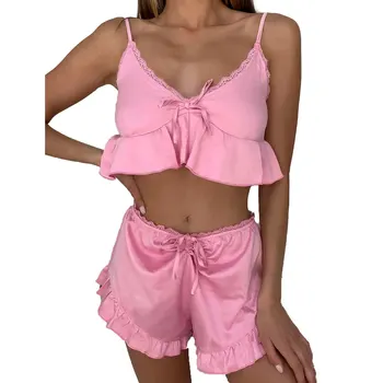 2020 Ženy 2 Kus Oblečenie Pre Voľný Čas Nastavuje Bez Rukávov Čipky Prehrabať Plodín Top Solid Farba Košieľka Voľné Bowknot Pyžamo Šortky Sleepwear