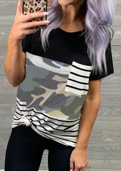 Ženy Topy Tee Letné tričko Fashion Prekladané Spojov Vrecku T-Shirt Tees 2019 Nové Kamufláže T Shirt Žena O-neck Top Ženy