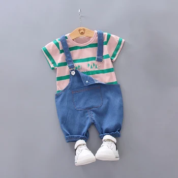 Letné Baby Chlapci Oblečenie 2ks Krátky Rukáv Prúžok List Tlač Topy T-Shirt+Denim Podväzkové Nohavice Deti Ležérne Oblečenie Sady