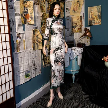 Hodváb Vintage Dlho Qipao Kostým Dlhý Rukáv Cheongsam Šaty Čínske Šaty Žien v Tradičnom Čínskom Štýle Qipao S-4XL