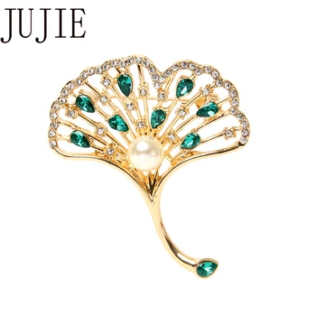 JUJIE Módne Green Crystal Leaf Brošňa Pre Ženy 2021 Ginkgo Pearl Kolíky Brošňa Šperky Femme Bijoux
