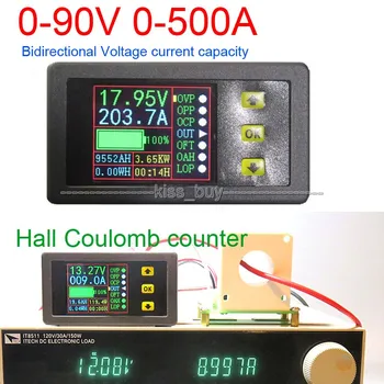 DC 90V 0-500A Battery Monitor Digitálny MERAČ Hala coulomb Volt Ammeter Moc AH Zostávajúca Kapacita teplota nabíjania a vybíjania
