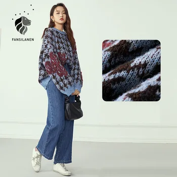 FANSILANEN Vlna nadrozmerné koberčeky pletený sveter Ženy jeseň zima voľné vintage pulóver Žena knitwear bežné jumper top