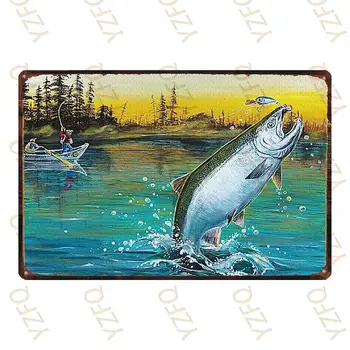 Bass Fishing Kovové Maľovanie Vintage Tin Prihlásiť Kovové Platne Pre Wall Art Retro Domov Carfts Dekor Plagát 30X20CM DU-3943A