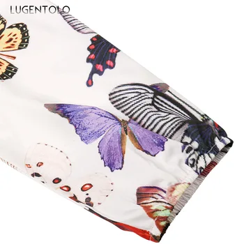Lugentolo Žien Harajuku Šaty s Dlhým Rukávom Kvetinový Motýľ Tlače, Príležitostné Šaty O-Krku Vintage Voľné Big Swing Maxi Šaty Lady