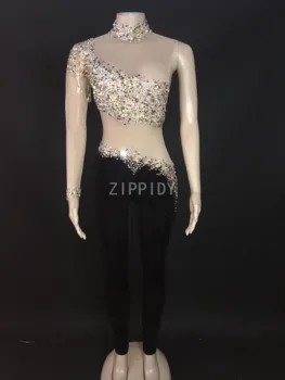Multi-farebné Kamienky Fringe Transparentné Puzdro Jumpsuit Black Velvet Legíny Tanečné Oblečenie Bar Spevák Nosiť Oblečenie