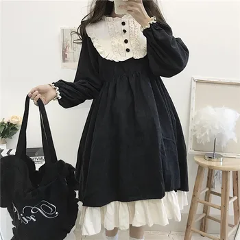 Japonský Vintage Harajuku Gothic Lolita Štýl Ženy Streetwear Midi Šaty 2020 Jeseň Stojan Svietidla Rukáv Voľné Šaty Vestido
