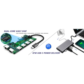11 v 1 USB C Rozbočovač so 4 USB Gigabit Ethernet, VGA, HDMI, USB, C s Výkonom Výpisy o Port SD a Mini SD Karta