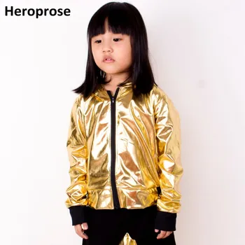 Heroprose 2018 Fashion Dievčatá Chlapci Gold Jazz Hip Hop Tanečné Súťaže Kabát Dieťa Oblečenie Strane Tanec Fáze Výkonu Bunda