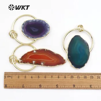 WT-P1411 WKT Nový štýl farebné prívesky plátok prírodný kameň s okrúhly tvar prstene, zlaté kovové elektrolyticky pokrývajú pre náhrdelník tvorby