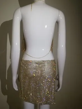 Novinkou Roku 2020 Metal Crystal Diamanty Sexy Ženy Šaty Backless Rez Drahokamu Glitter Club Dva Kusy Letné Zlato Sequin Šaty
