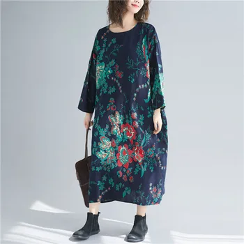 Nový Príchod 2019 Jeseň Zima Ženy Vintage Šaty Plus Veľkosť Art Print Kvet Bavlny Bielizeň Maxi Šaty Dlhé Voľné Šaty Vestido
