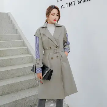 Windbreaker žien stredná dĺžka 2020 Nové Jarné, jesenné módne dámske kórejský Falošné dva kusy Veľké rozmery, Elegantný kabát
